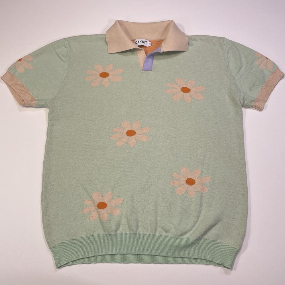 Oxknit Polo Shirt 60's Retro Vibrant Floral Cardigan Mens XXL MCM Mid Century